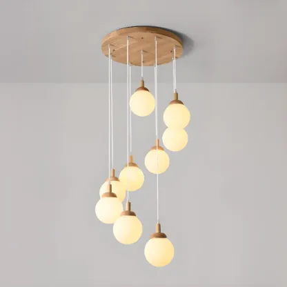 Modern Pendant Glass Globe Light in White with Wood Base Image - 3