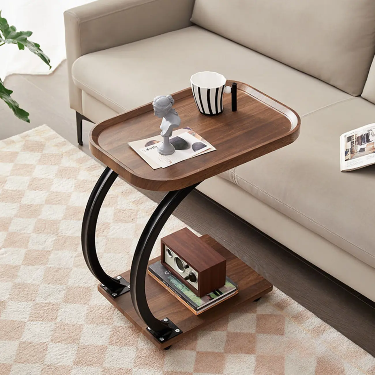 2-Tier C-Shaped Brown Wooden End Table with Storage Image - 18 | homeyfad