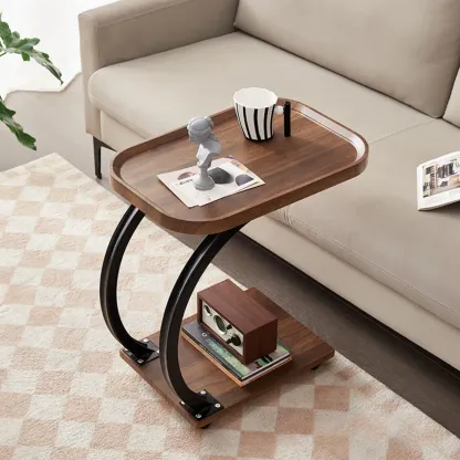 2-Tier C-Shaped Brown Wooden End Table with Storage Image - 18