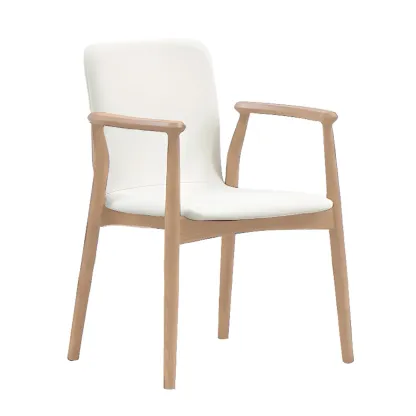 Modern Off-White Faux Leather Wooden Arm Dining Chair Image - 5