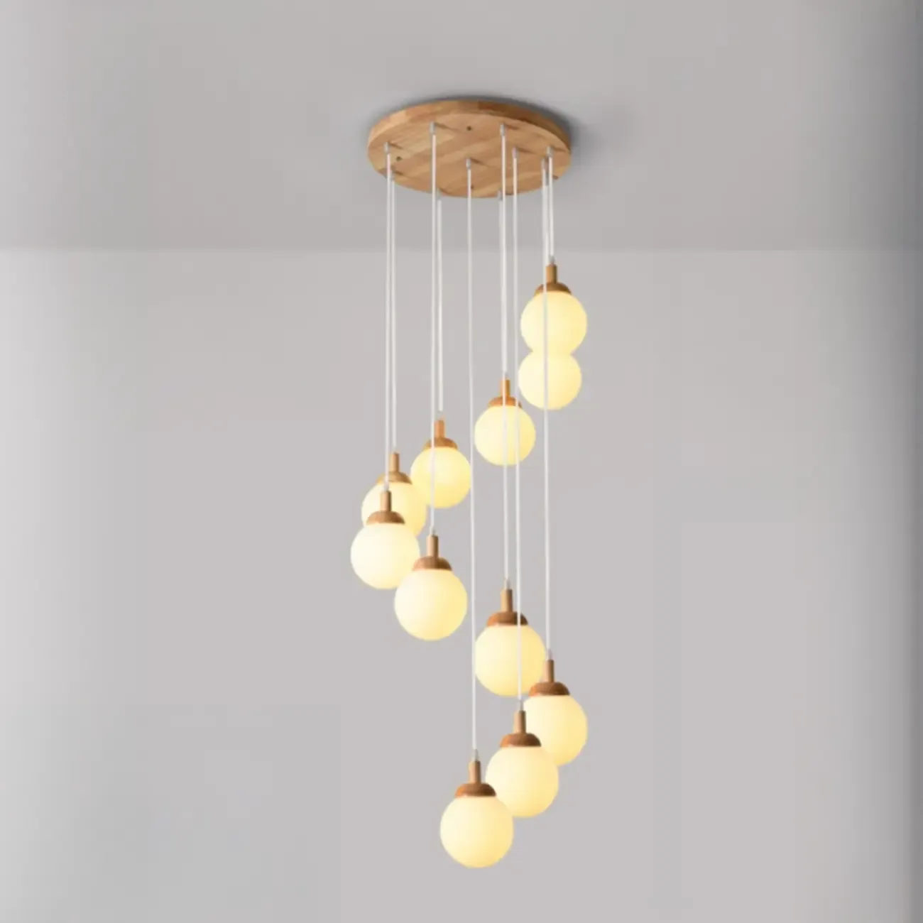 Modern Pendant Glass Globe Light in White with Wood Base Image - 5