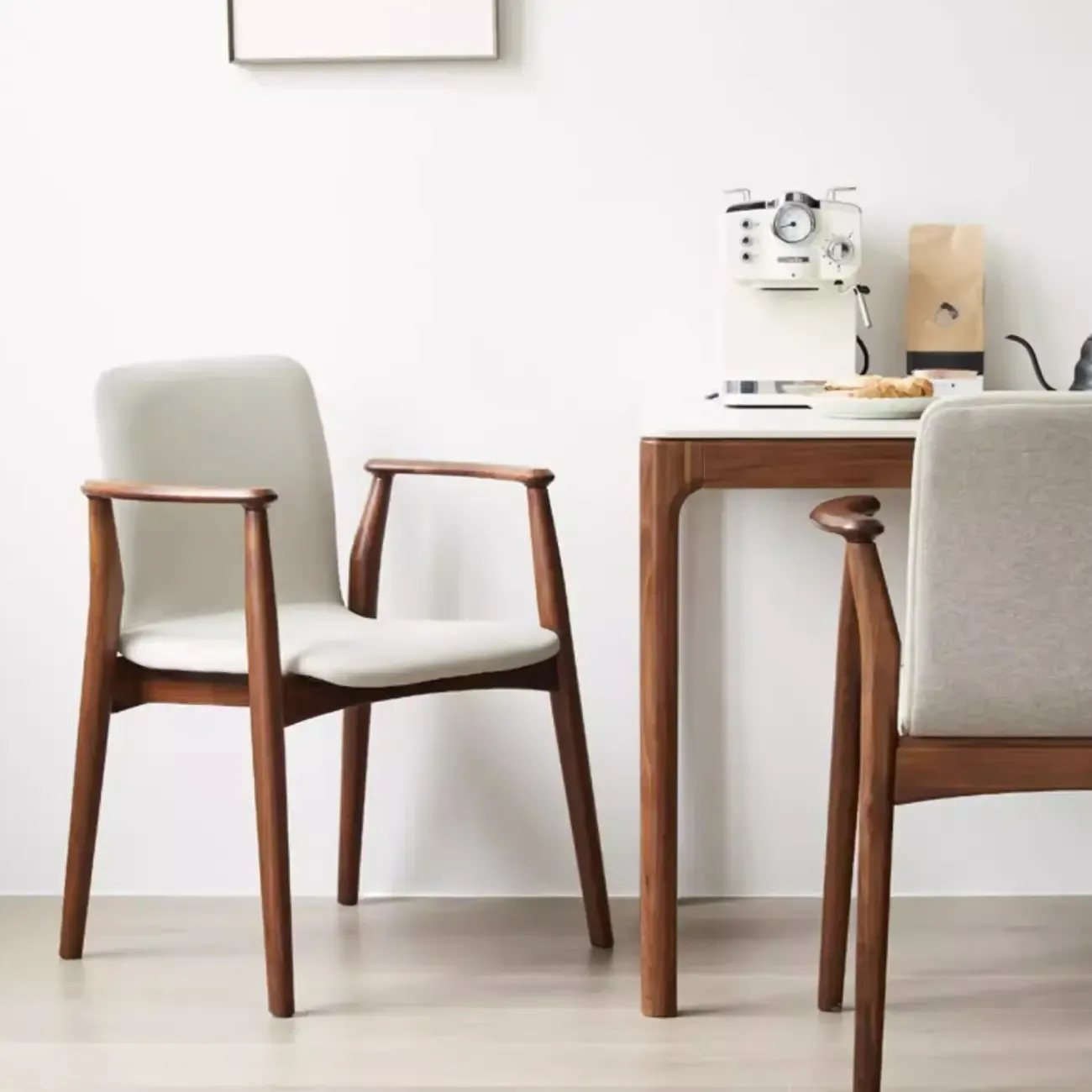 Modern Off-White Faux Leather Wooden Arm Dining Chair Image - 6