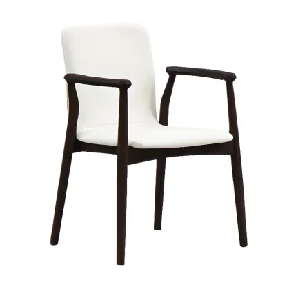 Modern Off-White Faux Leather Wooden Arm Dining Chair Image - 7