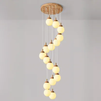 Modern Pendant Glass Globe Light in White with Wood Base Image - 7