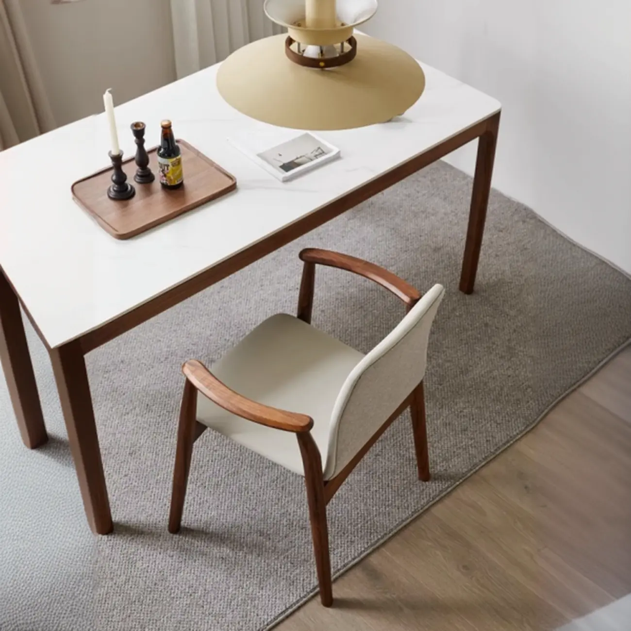 Modern Off-White Faux Leather Wooden Arm Dining Chair Image - 8 | homeyfad