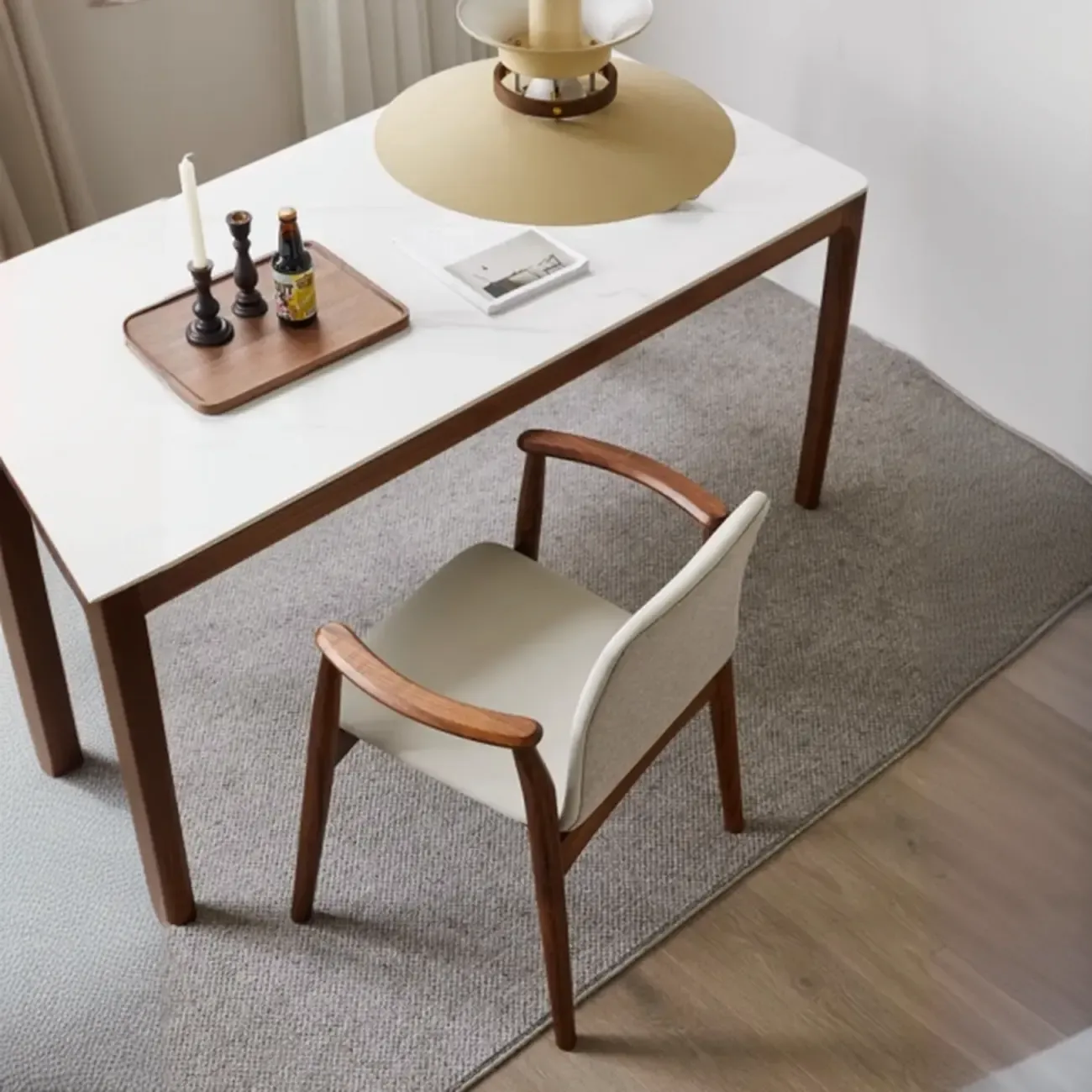 Modern Off-White Faux Leather Wooden Arm Dining Chair Image - 8