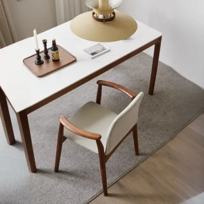 Modern Off-White Faux Leather Wooden Arm Dining Chair Image - 8