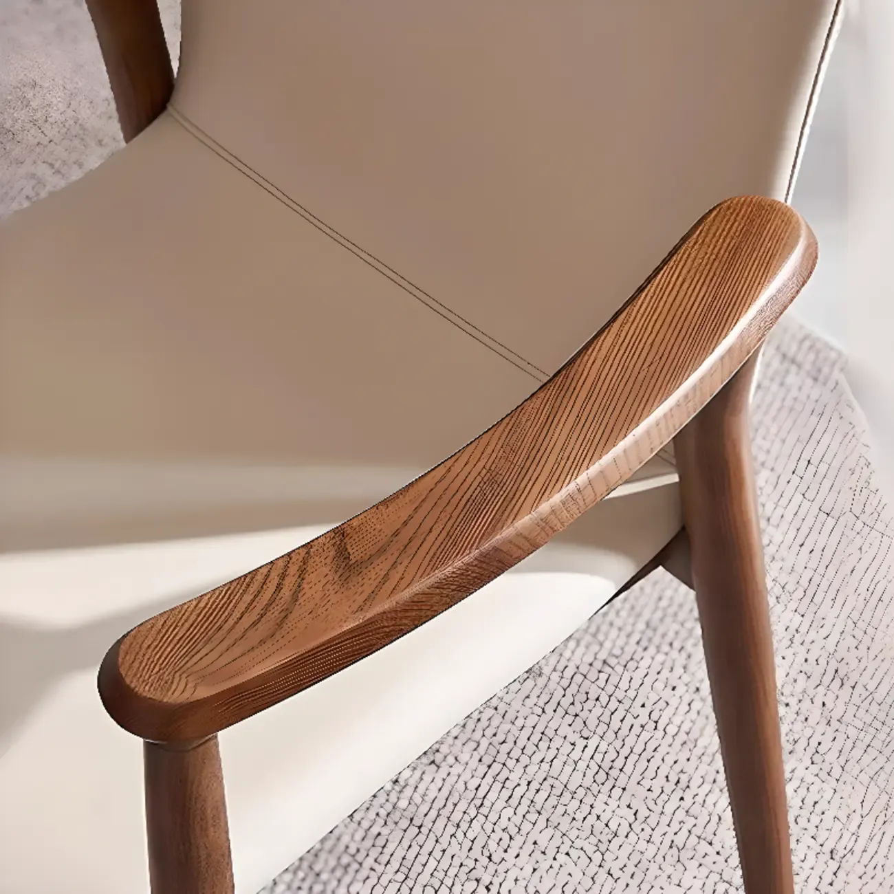 Modern Off-White Faux Leather Wooden Arm Dining Chair Image - 9