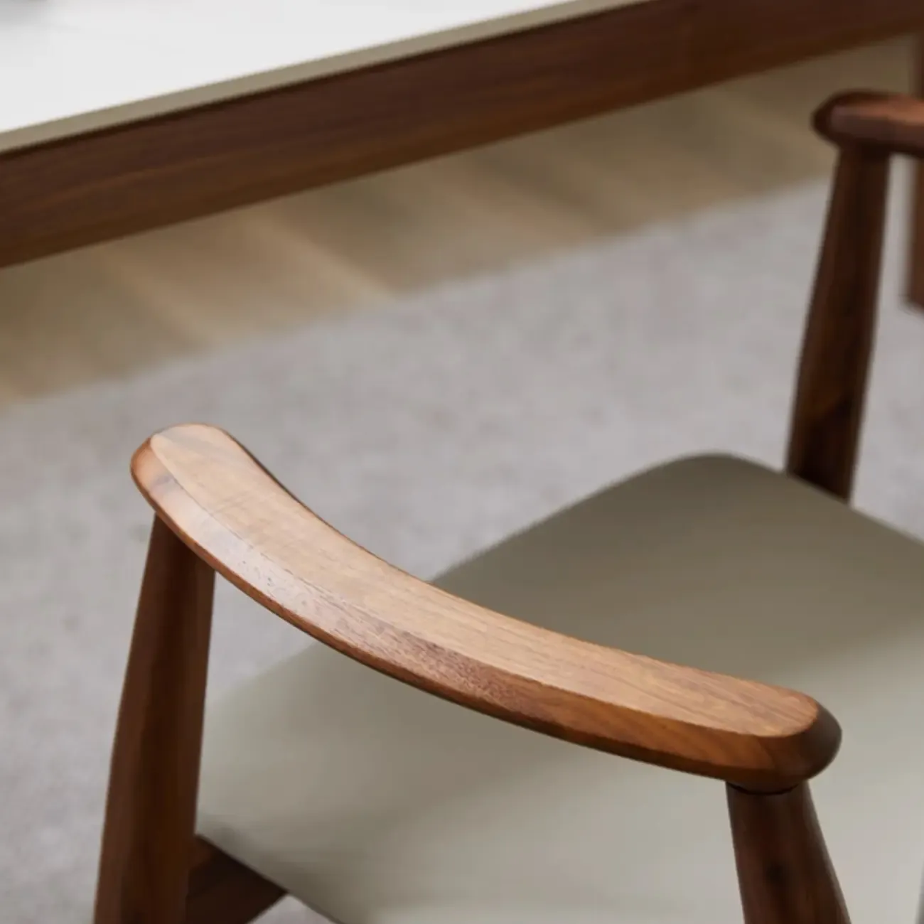 Modern Off-White Faux Leather Wooden Arm Dining Chair Image - 10