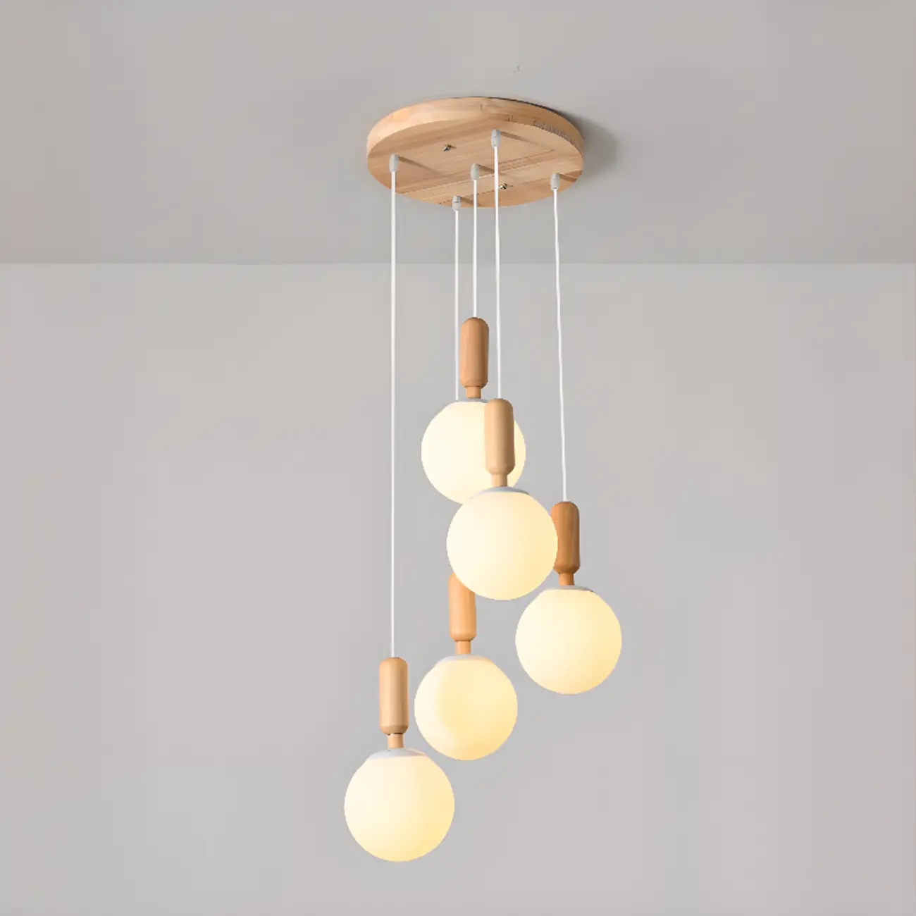 Modern Pendant Glass Globe Light in White with Wood Base Image - 10 | homeyfad
