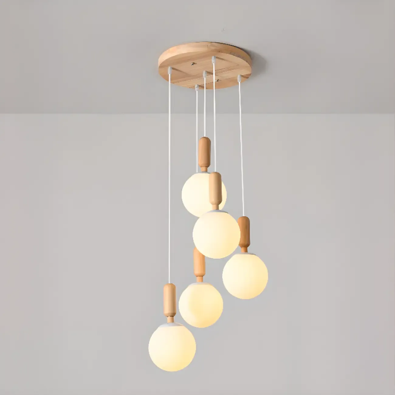 Modern Pendant Glass Globe Light in White with Wood Base Image - 10