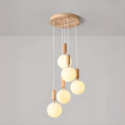 Modern Pendant Glass Globe Light in White with Wood Base Image - 10