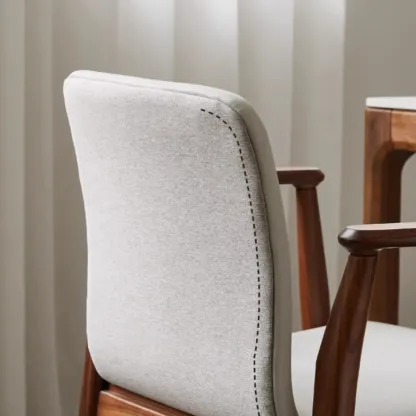 Modern Off-White Faux Leather Wooden Arm Dining Chair Image - 11
