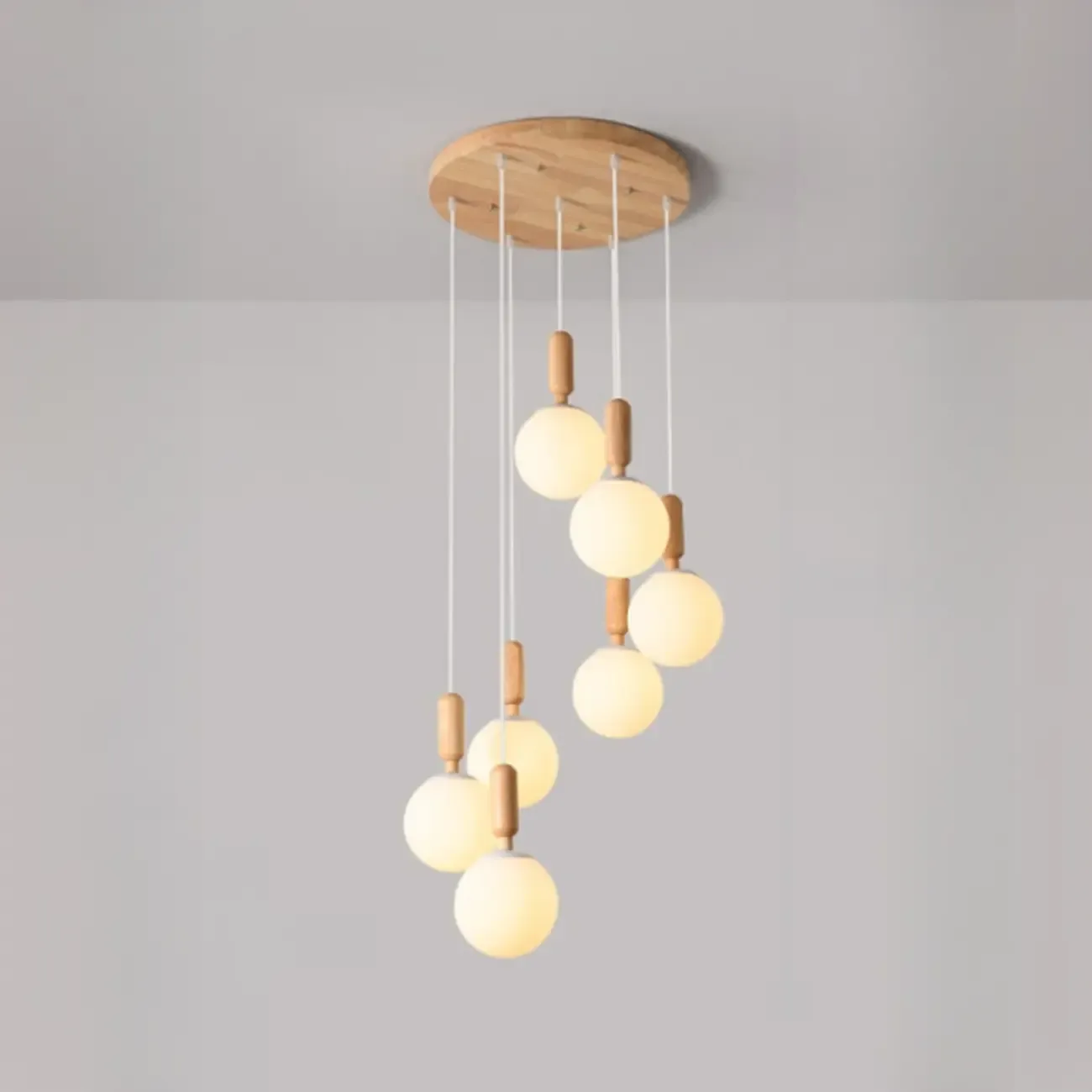 Modern Pendant Glass Globe Light in White with Wood Base Image - 11