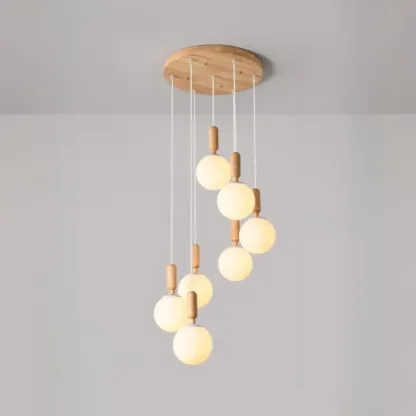 Modern Pendant Glass Globe Light in White with Wood Base Image - 11