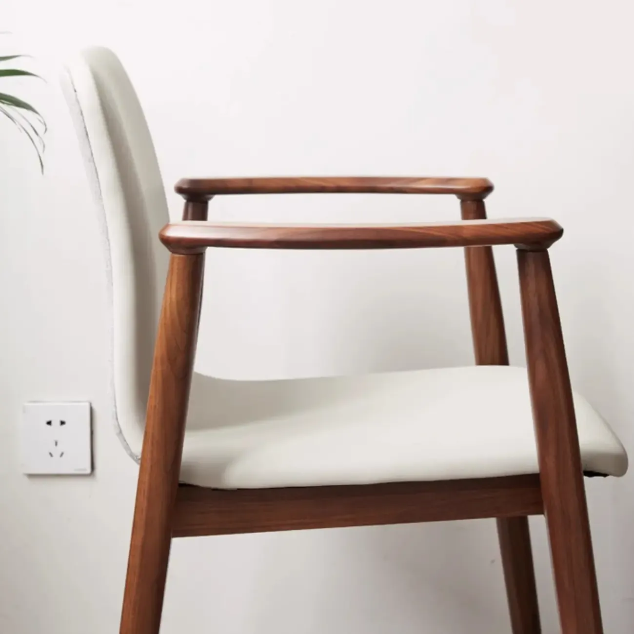 Modern Off-White Faux Leather Wooden Arm Dining Chair Image - 12