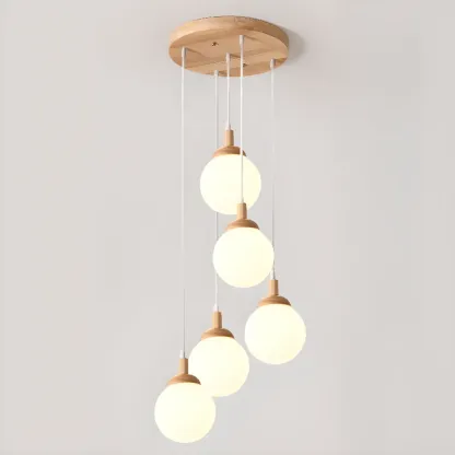 Modern Pendant Glass Globe Light in White with Wood Base Image - 12