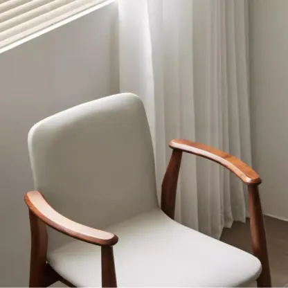 Modern Off-White Faux Leather Wooden Arm Dining Chair Image - 13