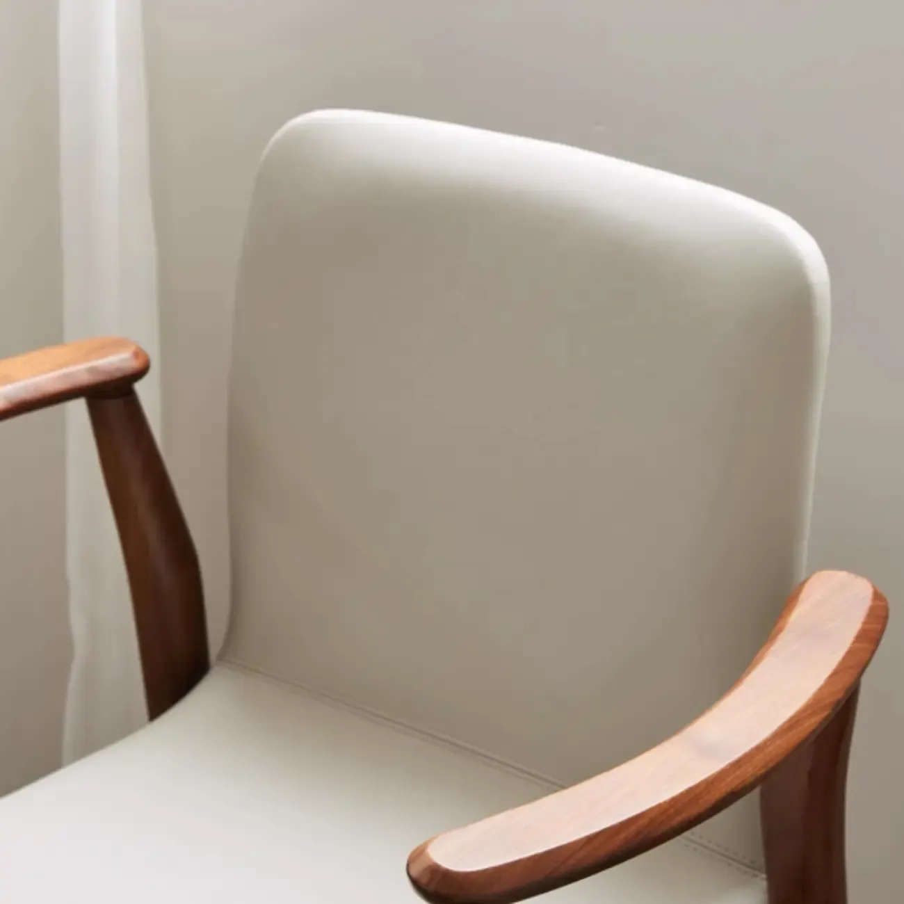 Modern Off-White Faux Leather Wooden Arm Dining Chair Image - 14