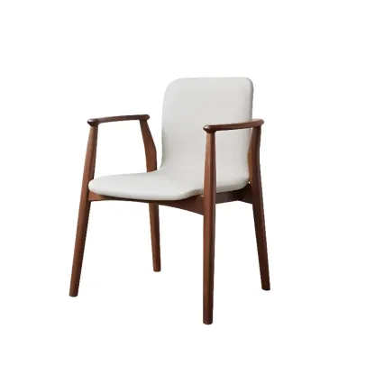 Modern Off-White Faux Leather Wooden Arm Dining Chair Image - 15