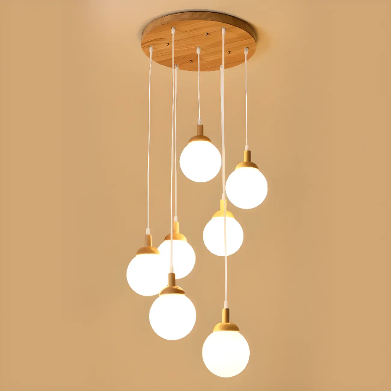 Modern Pendant Glass Globe Light in White with Wood Base Image - 15 | homeyfad