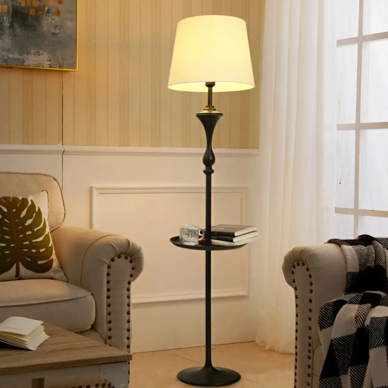 Modern Black Metal Table Floor Lamp with Beige Fabric Shade Image - 1