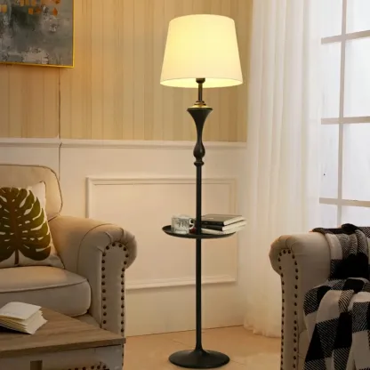 Modern Black Metal Table Floor Lamp with Beige Fabric Shade Image - 1