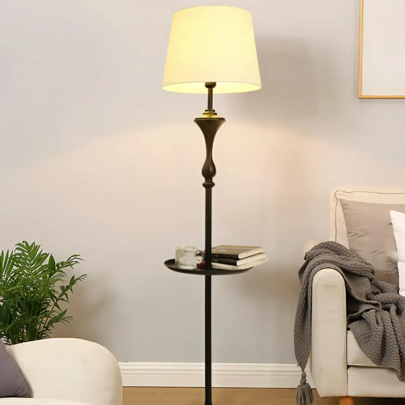 Modern Black Metal Table Floor Lamp with Beige Fabric Shade Image - 2