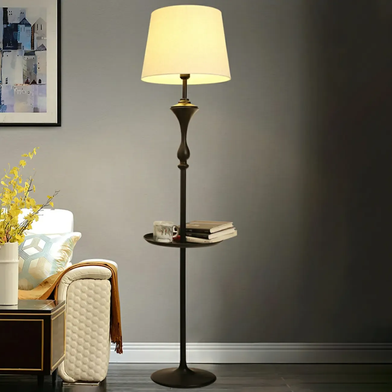 Modern Black Metal Table Floor Lamp with Beige Fabric Shade Image - 4
