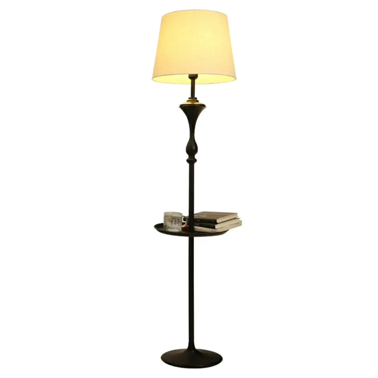 Modern Black Metal Table Floor Lamp with Beige Fabric Shade Image - 5