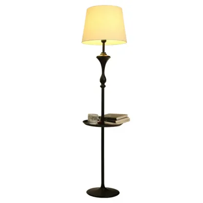 Modern Black Metal Table Floor Lamp with Beige Fabric Shade Image - 5