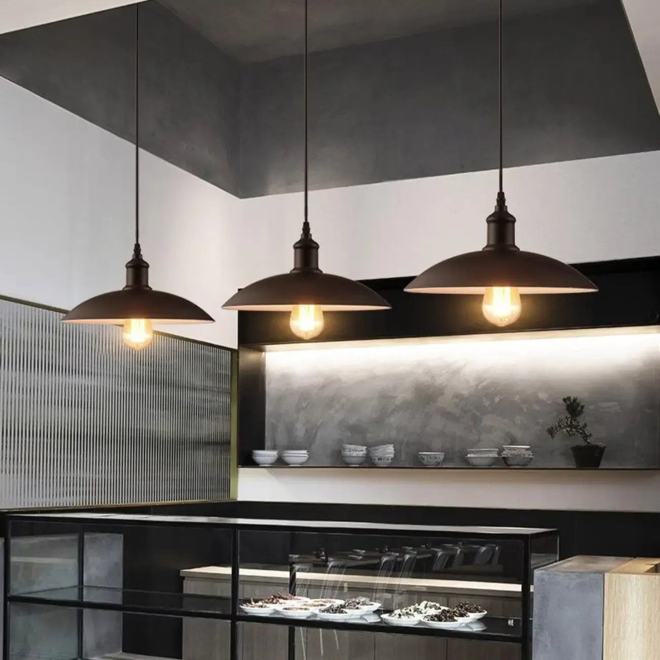 Industrial Black Round Metal Pendant light with Adjustable Length Image - 1