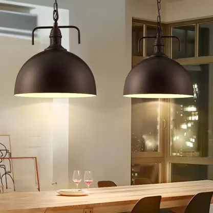Industrial Black Round Metal Pendant light with Adjustable Length Image - 4