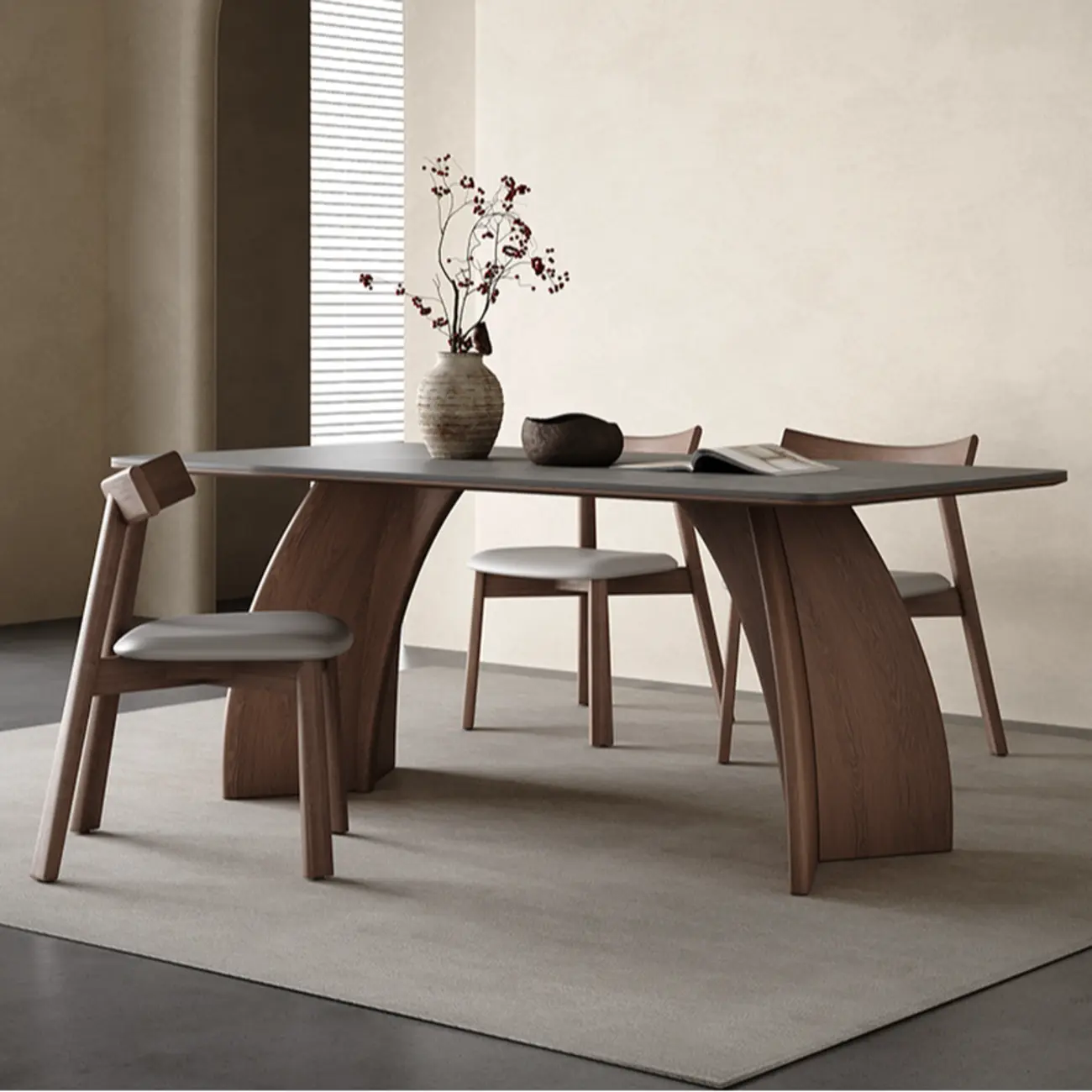 Modern Gray Slate Dining Set with Wooden Upholstered Chairs Image - 1 | homeyfad