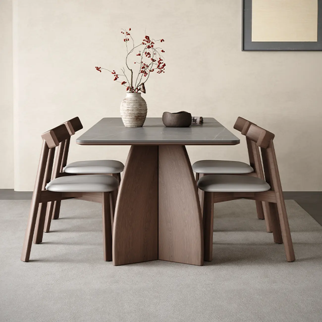 Modern Gray Slate Dining Set with Wooden Upholstered Chairs Image - 2 | homeyfad