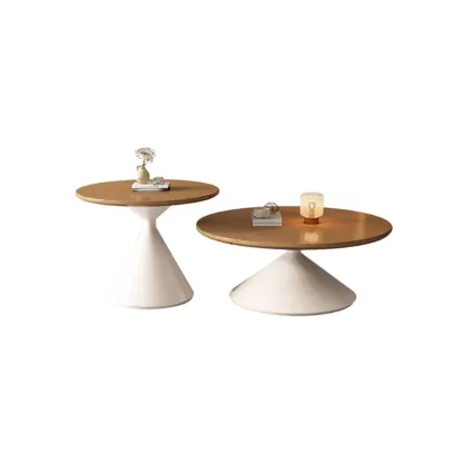 Vintage Wood Round Nesting Coffee Table Set with White Base Image - 9