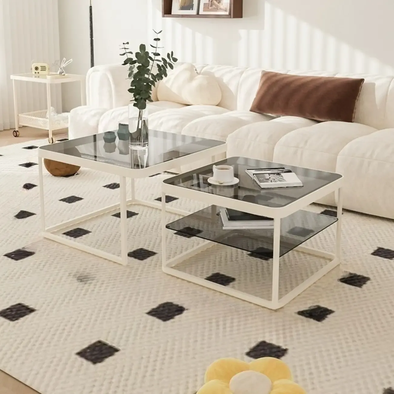 Modern Glass Nesting Coffee Table in Black with Storage Image - 3