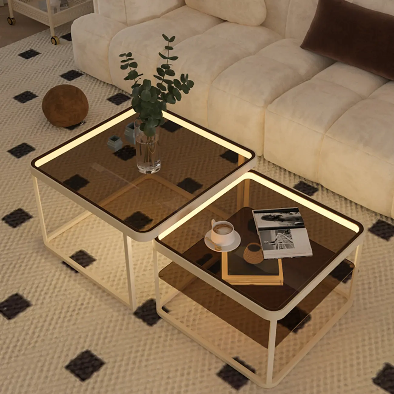 Modern Glass Nesting Coffee Table in Black with Storage Image - 4 | homeyfad