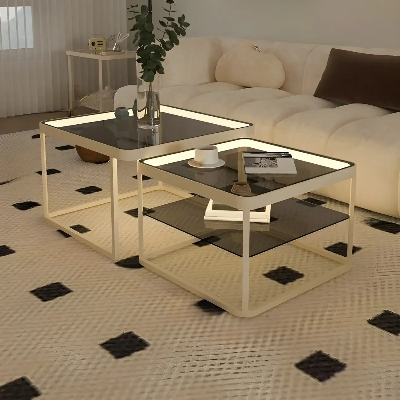 Modern Glass Nesting Coffee Table in Black with Storage Image - 5
