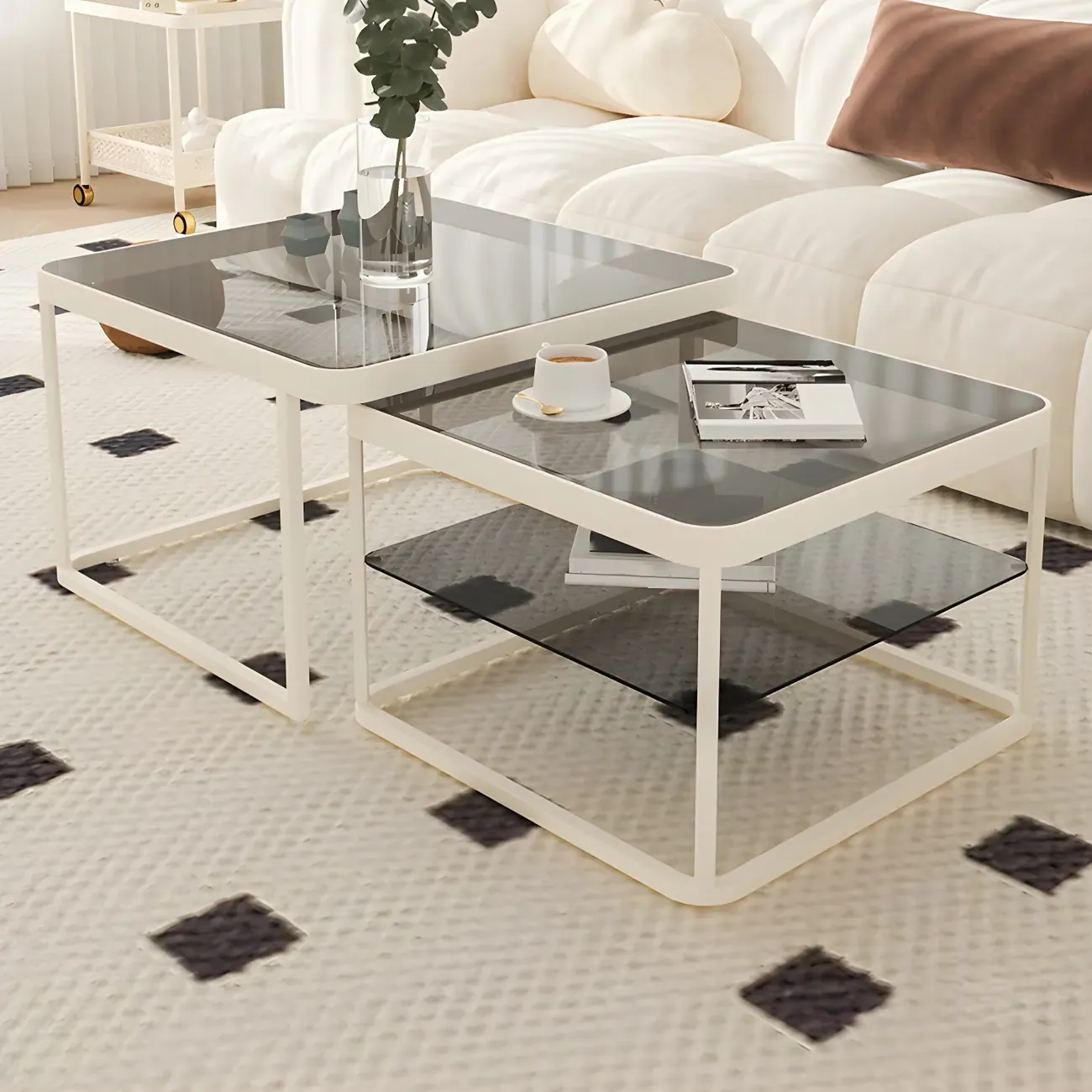 Modern Glass Nesting Coffee Table in Black with Storage Image - 6