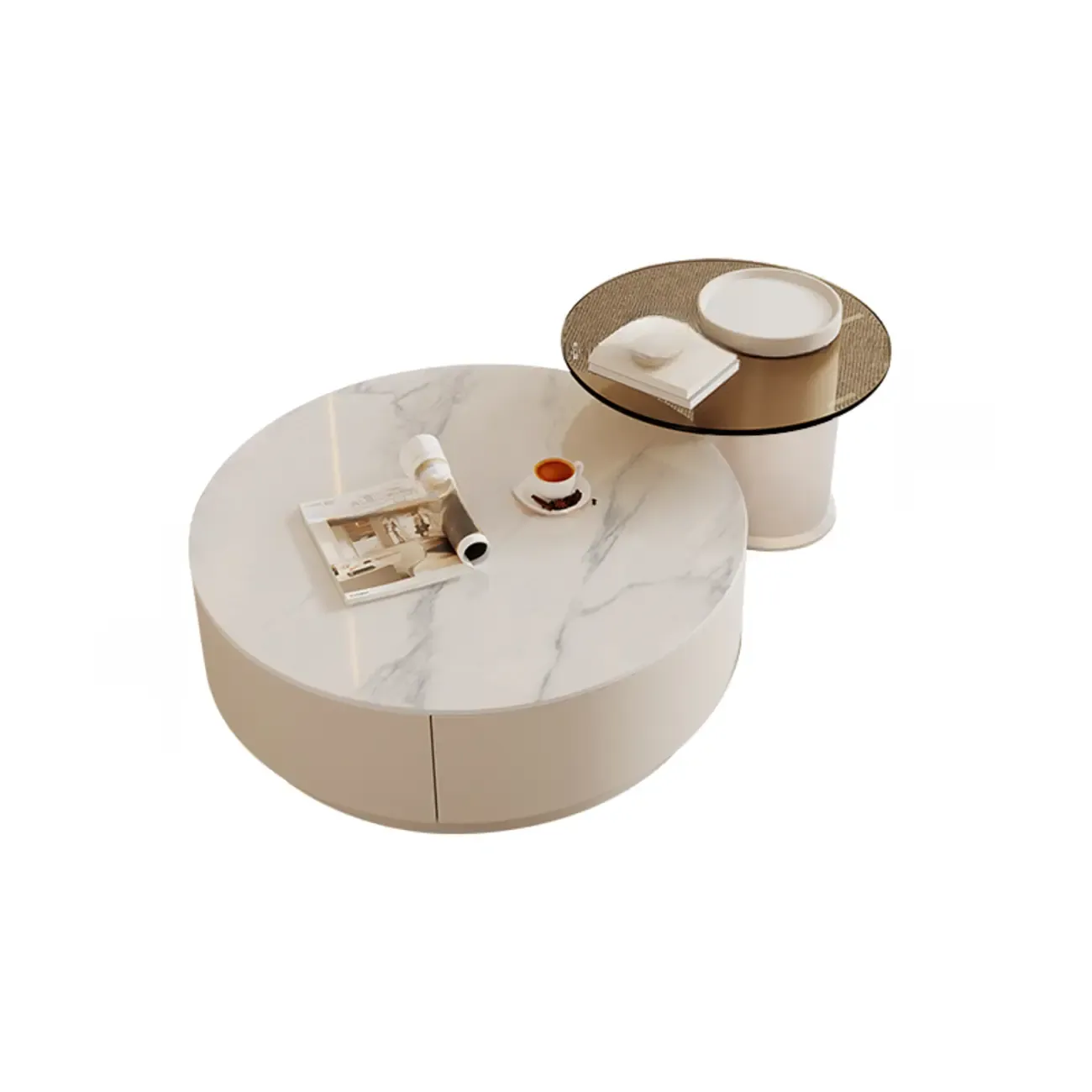 Modern Wood Round Nesting Coffee Table with 2 Drawers Image - 11