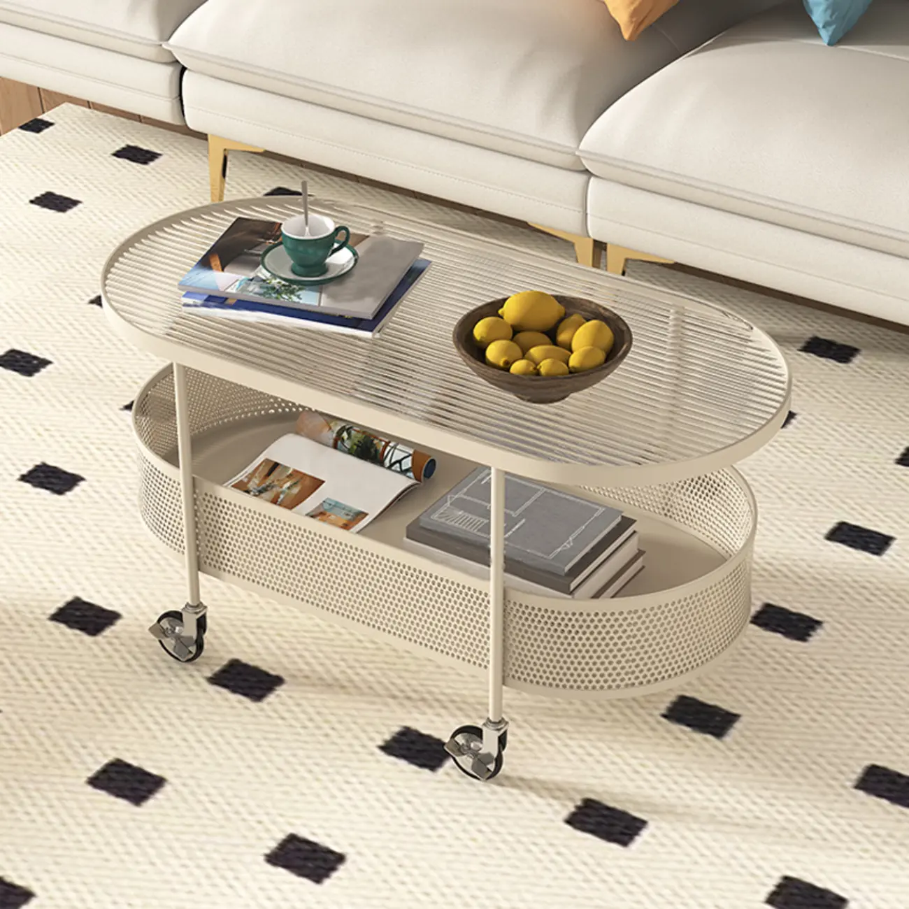 Modern Metal Oval Coffee Table with Storage & Wheels Image - 1 | homeyfad