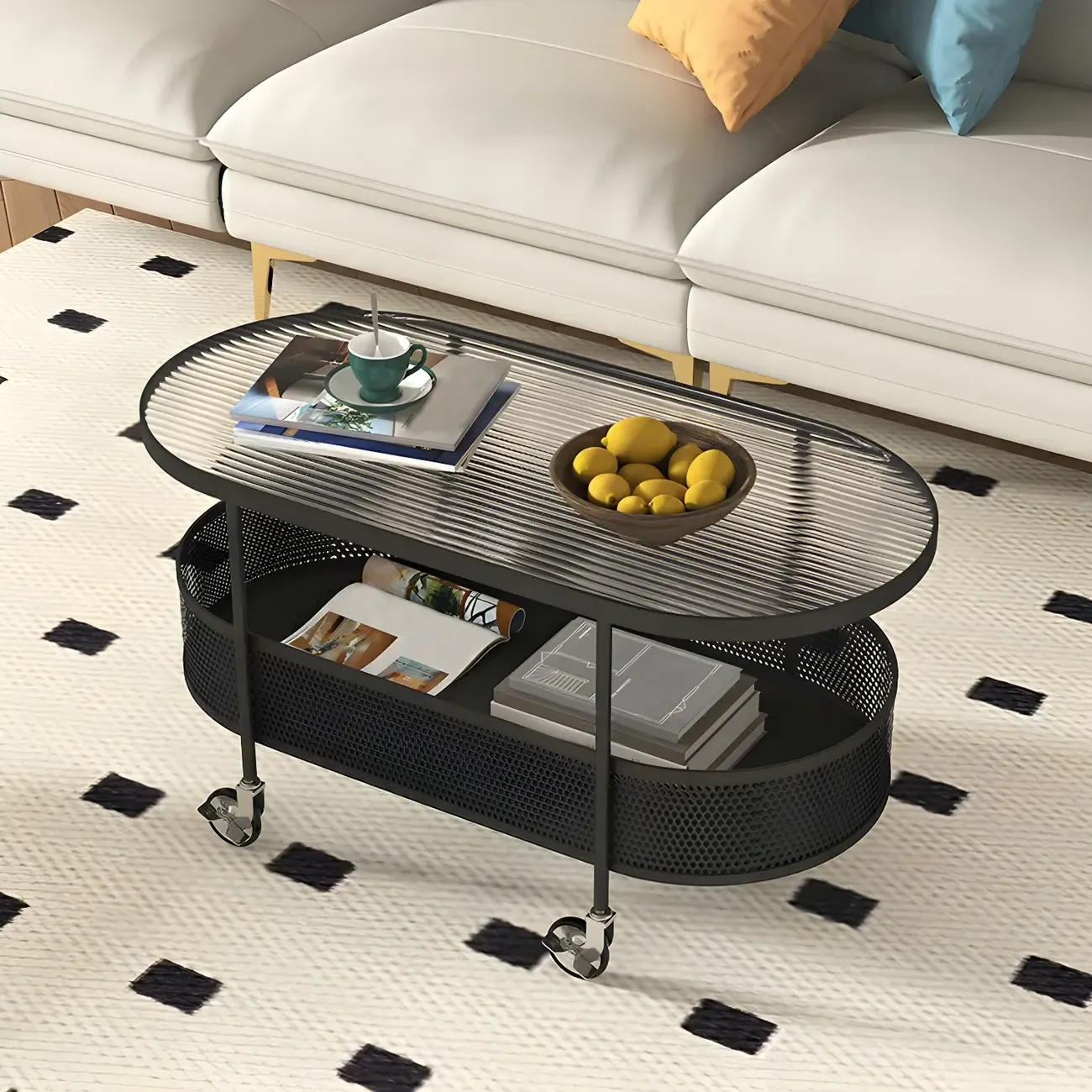 Modern Metal Oval Coffee Table with Storage & Wheels Image - 2