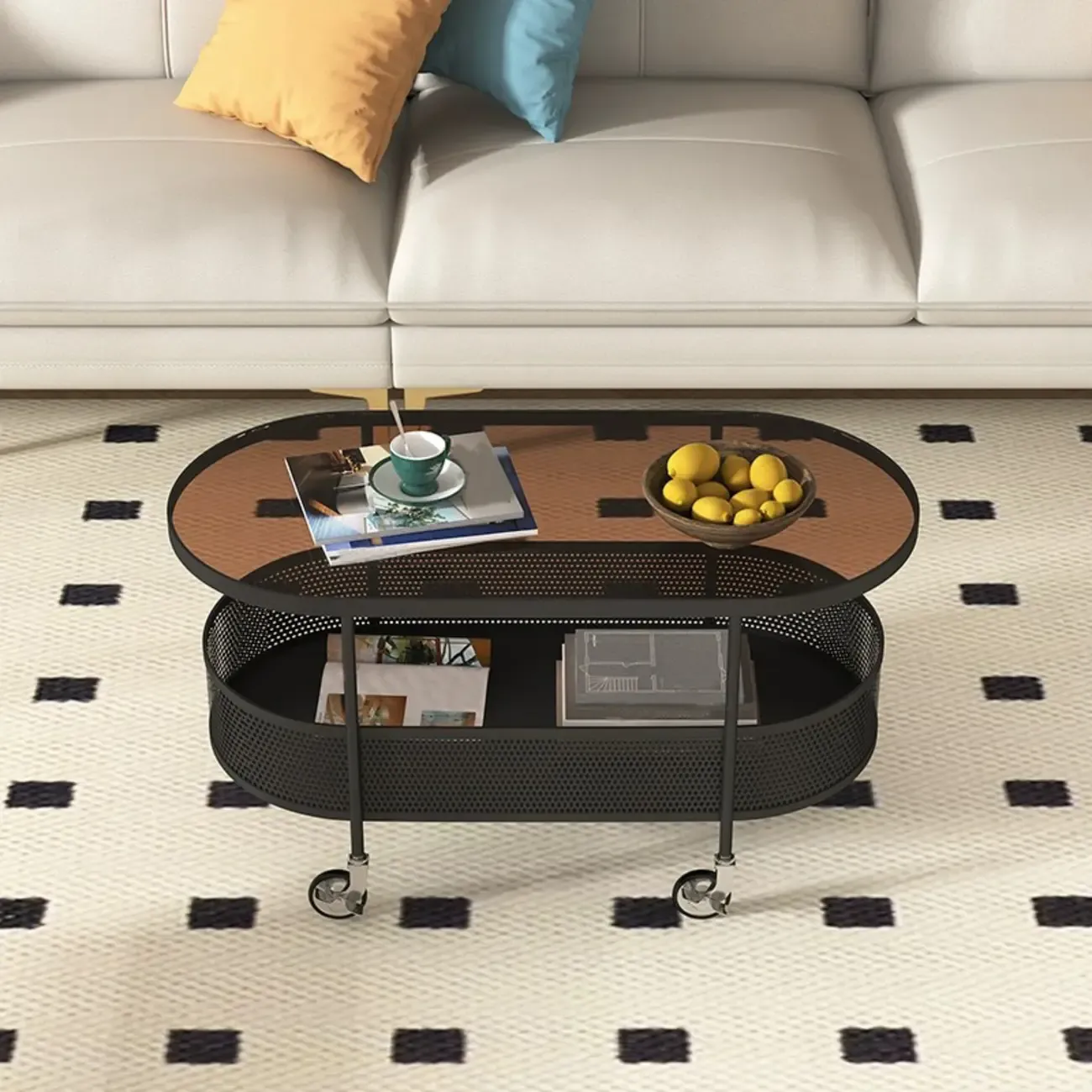 Modern Metal Oval Coffee Table with Storage & Wheels Image - 3