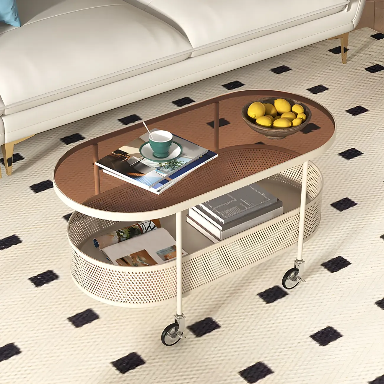 Modern Metal Oval Coffee Table with Storage & Wheels Image - 4