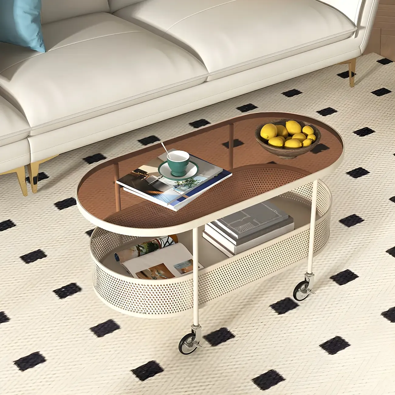 Modern Metal Oval Coffee Table with Storage & Wheels Image - 5