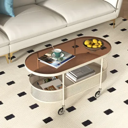 Modern Metal Oval Coffee Table with Storage & Wheels Image - 5