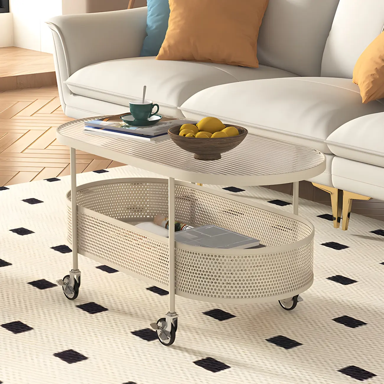 Modern Metal Oval Coffee Table with Storage & Wheels Image - 6 | homeyfad