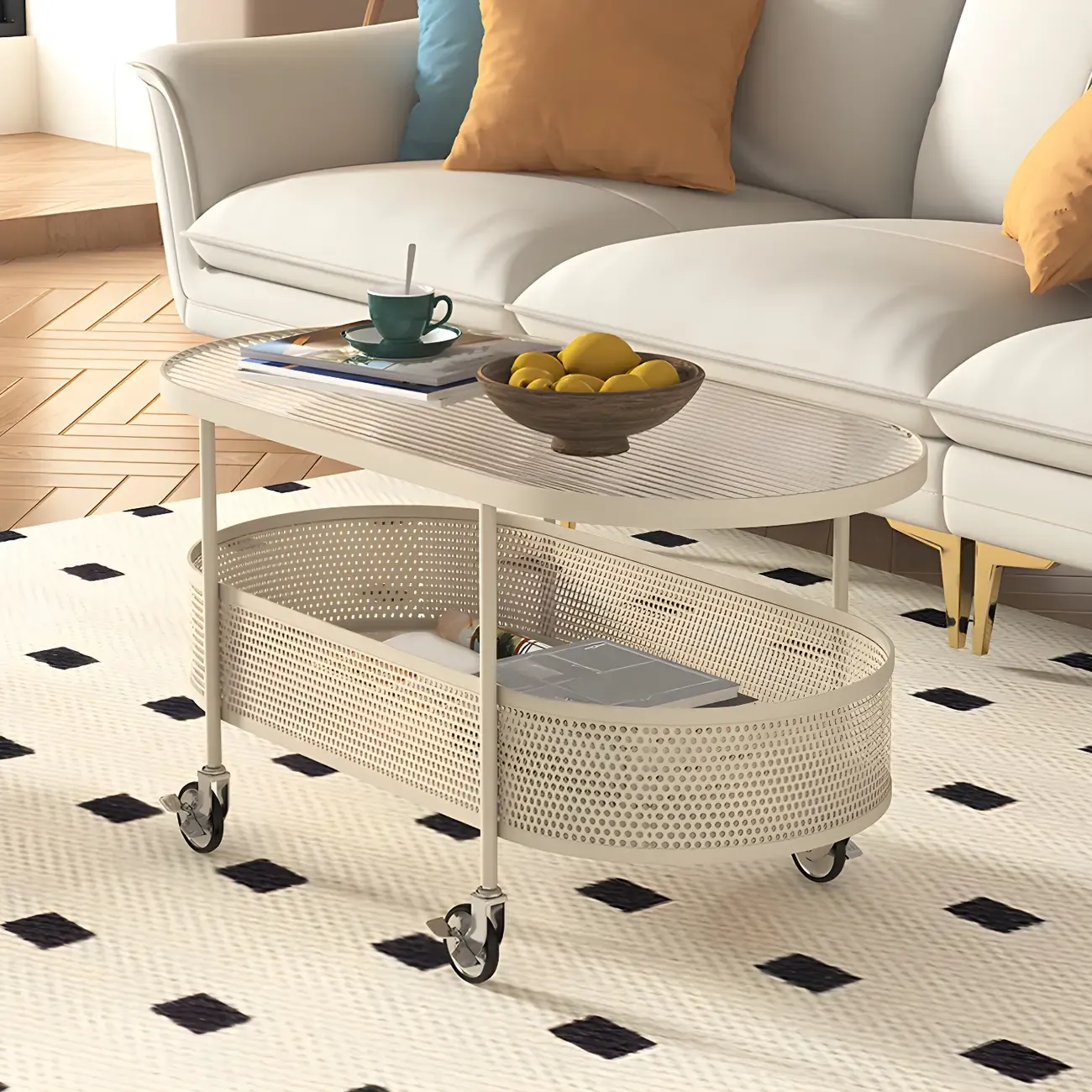 Modern Metal Oval Coffee Table with Storage & Wheels Image - 6