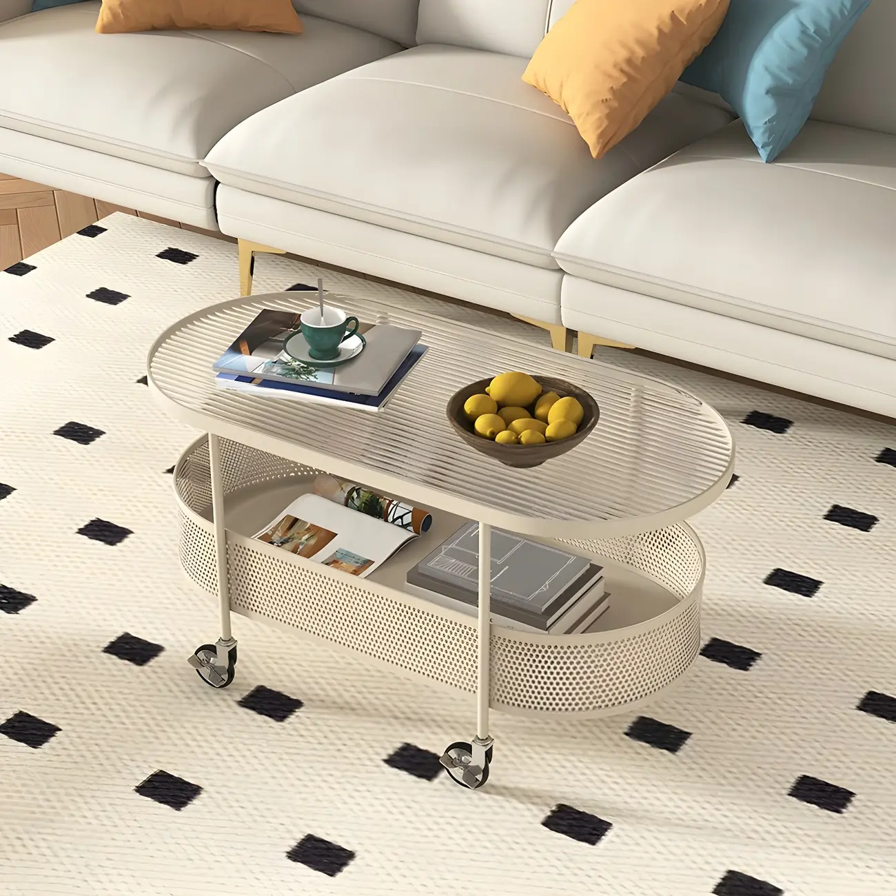 Modern Metal Oval Coffee Table with Storage & Wheels Image - 7 | homeyfad